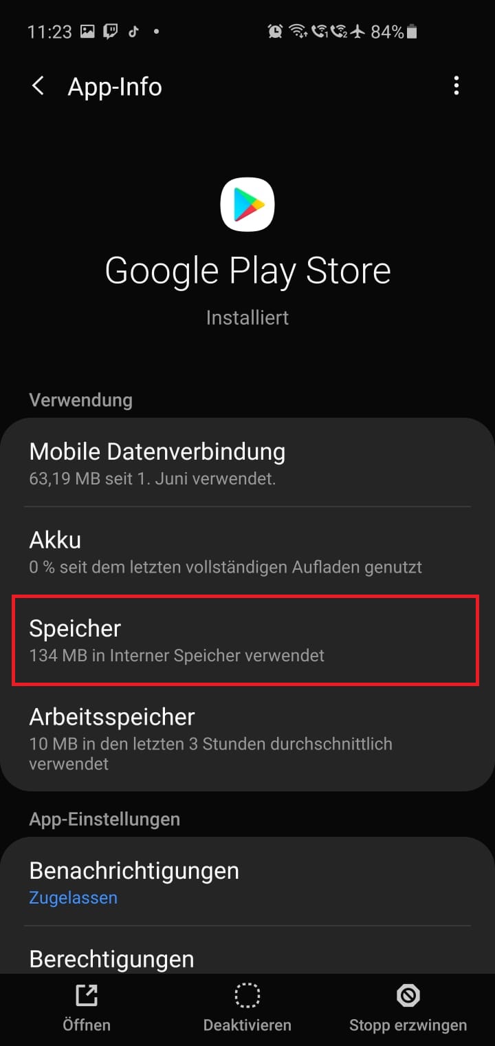 Google Play Store Speicher anzeigen